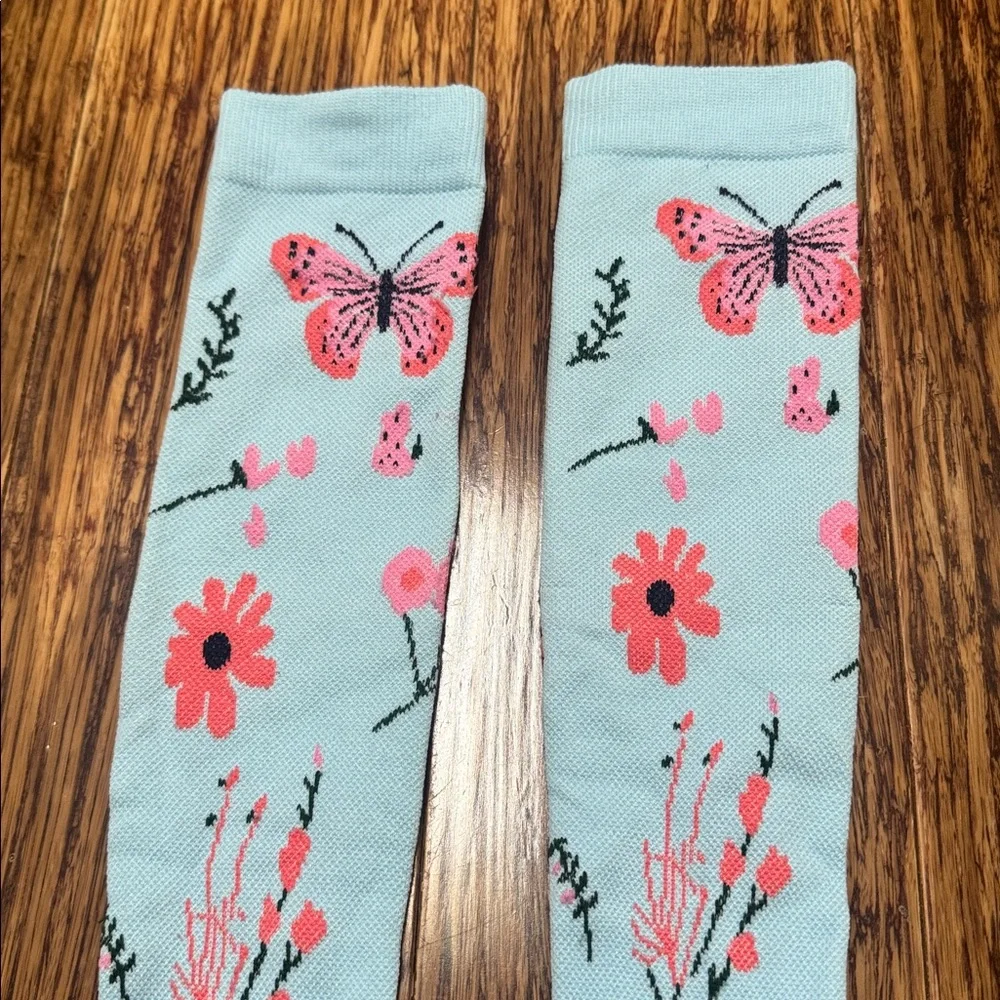 Light blue pink floral butterfly print knee high compression socks